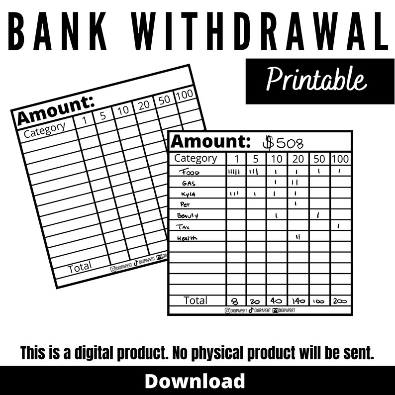 Cash Withdrawal Slip Printable for Cash Envelope Money Etsy
