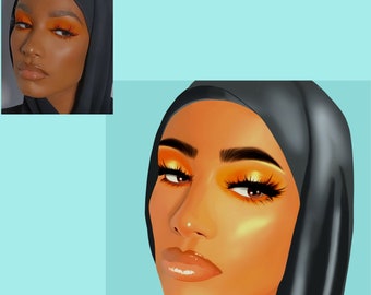 May include: A digital illustration of a person wearing a black hijab with orange eyeshadow and eyeliner. The person has a light brown complexion and is looking directly at the viewer.
