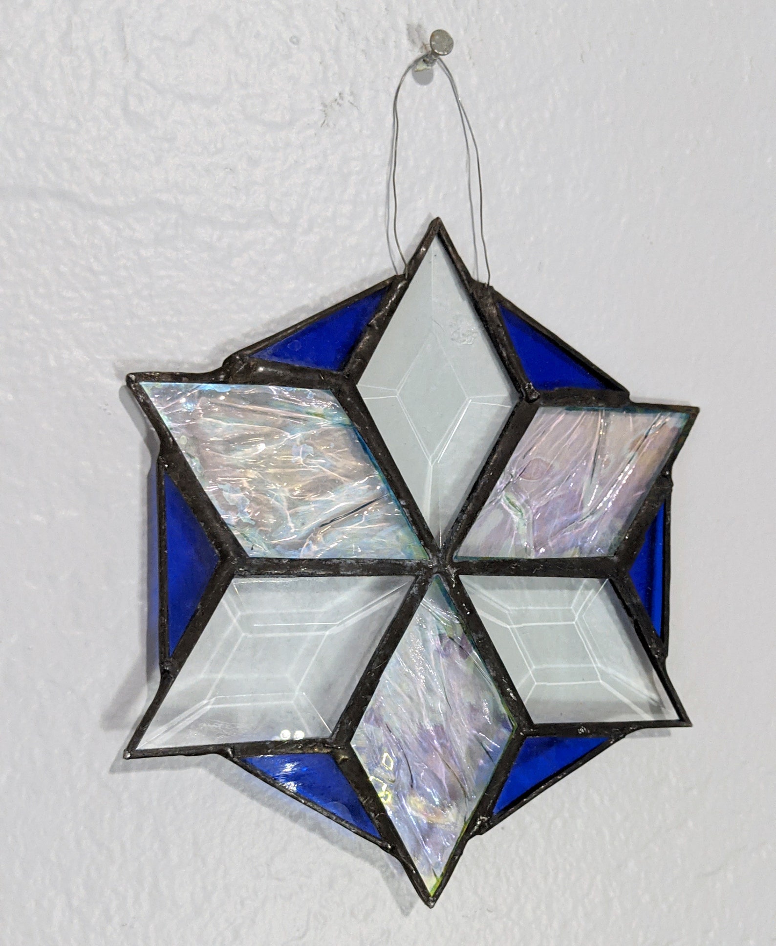 Diamonds Star Stained Glass Window Hanging Ornament Pearl Blue Etsy