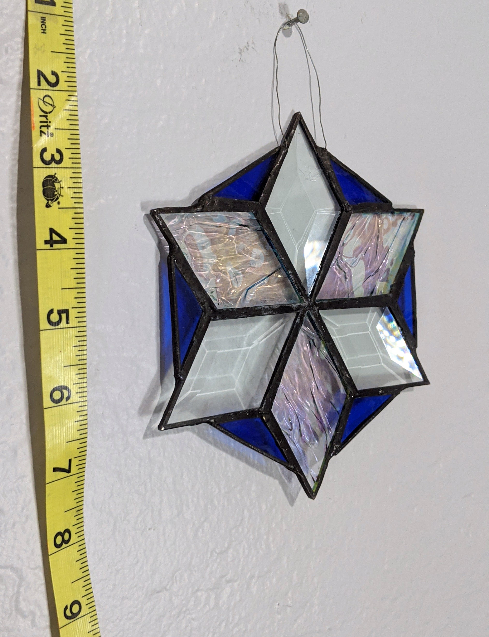 Diamonds Star Stained Glass Window Hanging Ornament Pearl Blue Etsy