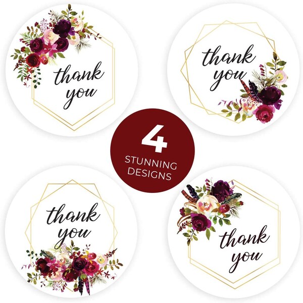 40 Thank You Stickers, 1 Inch Burgundy/Maroon Floral Thank You Stickers, Wedding, Birthday FREE SHIPPING!!