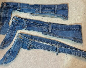 3 Denim Waistbands Blue Jean Pieces Crafting Hand Cut Patchwork with Belt Loops and Zippers Sewing Quilting Repurposed Upcycled Salvaged