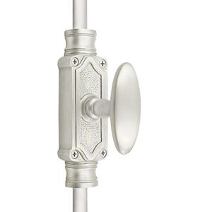 May include: A close-up of a silver-toned door latch. The latch features an oval handle and a rectangular body with decorative detailing. The design includes a vertical rod and is set against a white background.