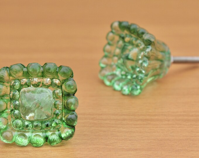 Set of 6 Green Glass Drawer Knobs and Pulls , Decorative Glass