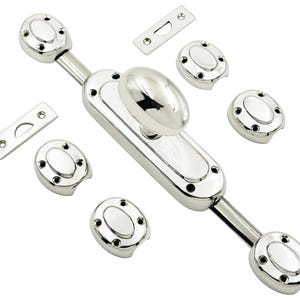 May include: A polished chrome window sash lock set featuring a central elongated base with a knob, two sliding rods with oval end caps, four additional oval mounting plates, and two rectangular strike plates with semi-circular cutouts.