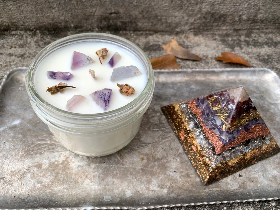 8ozhealing Crystal Candlesfluoriteessential Oil Topped Etsy