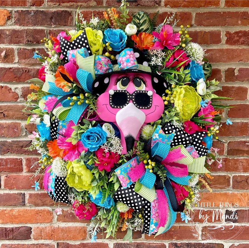 Tropical flamingo wreath for front door, summer home decor, floral summer wreath, floral door decoration, flamingo decor, beach wreath image 2