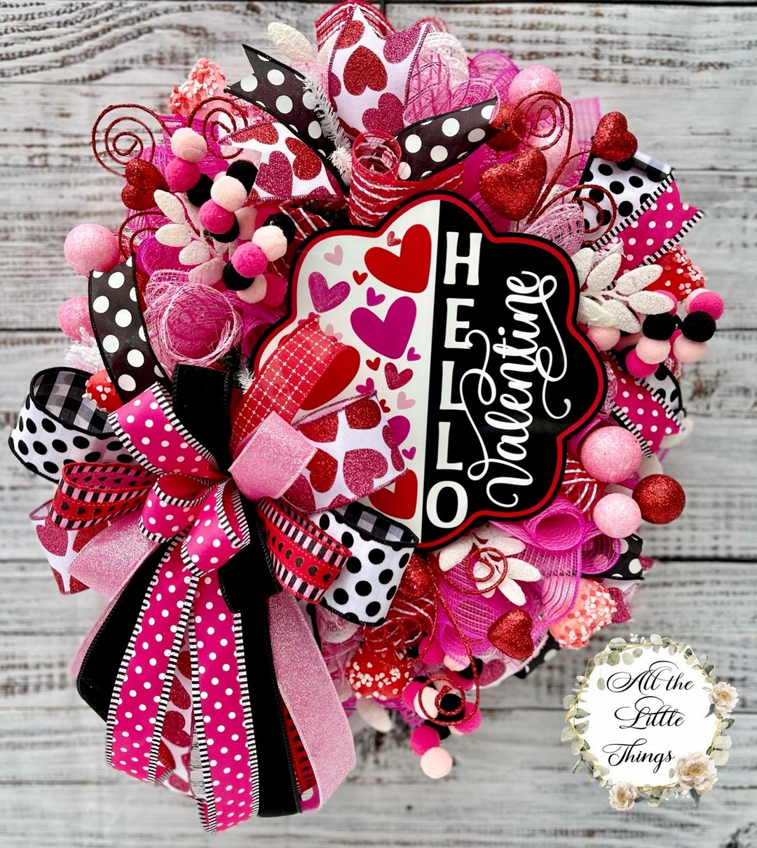 Valentines Day Deco Mesh Wreath for Front Door, Hello Valentine Door