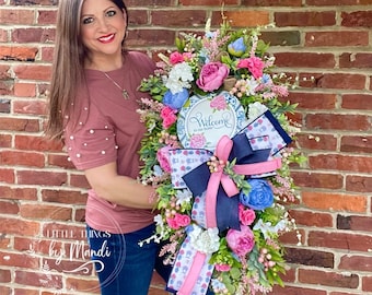 Floral summer swag wreath for front door, spring and summer wreath, seasonal home accent, welcome wreath, Mother’s Day gift, new home gift