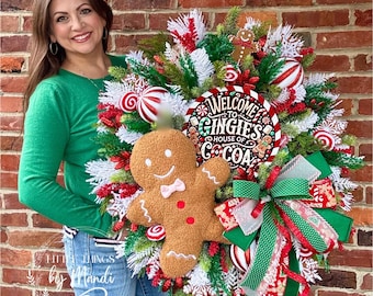 Whimsical gingerbread man Christmas wreath for front door, christmas holiday wreath, Christmas door decor, holiday porch decoration