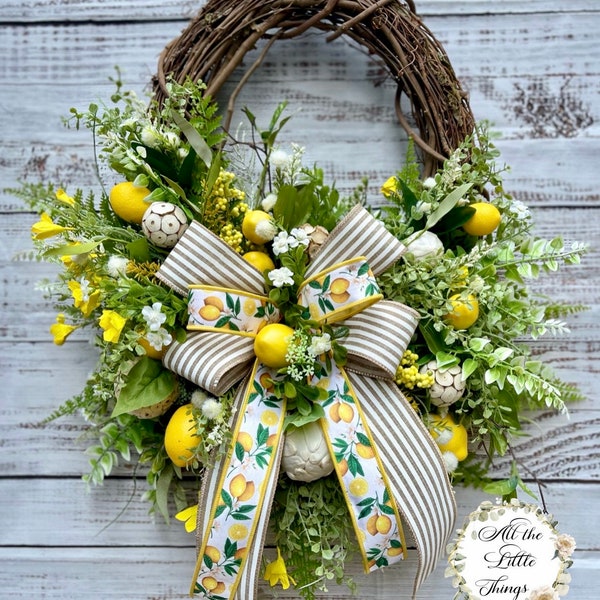 Lemon grapevine wreath for front door, lemon home accent, floral grapevine wreath, summer wreath, everyday wreath, summer wedding decor