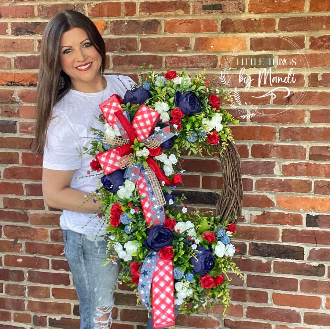 Floral Patriotic Wreath for Front Door, Americana Door Decoration ...