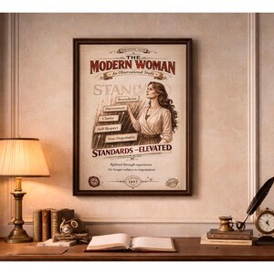 Puede incluir: Un póster enmarcado titulado "The Modern Woman" con una ilustración de una mujer, exhibido sobre un escritorio con una lámpara, libros y un reloj. El póster incluye el texto "Standards - Elevated".