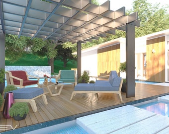May include: Outdoor patio furniture set with a modern design. The set includes a sofa, two armchairs, and a coffee table, all with light wood frames and blue and red cushions. The patio is next to a pool and under a pergola.