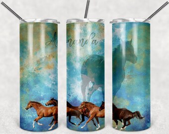 Horse Gold and Aqua Blue Personalized 20 oz skinny Tumbler