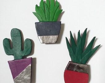 Handmade Real Leather Plant Fridge Magnets,  Set of 3. Housewarming gift, Christmas, Birthday, Mothers day etc.