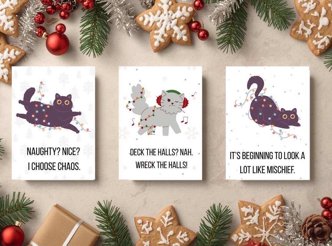 Funny Cat Christmas Cards - Printable Holiday Card Set (digital ...