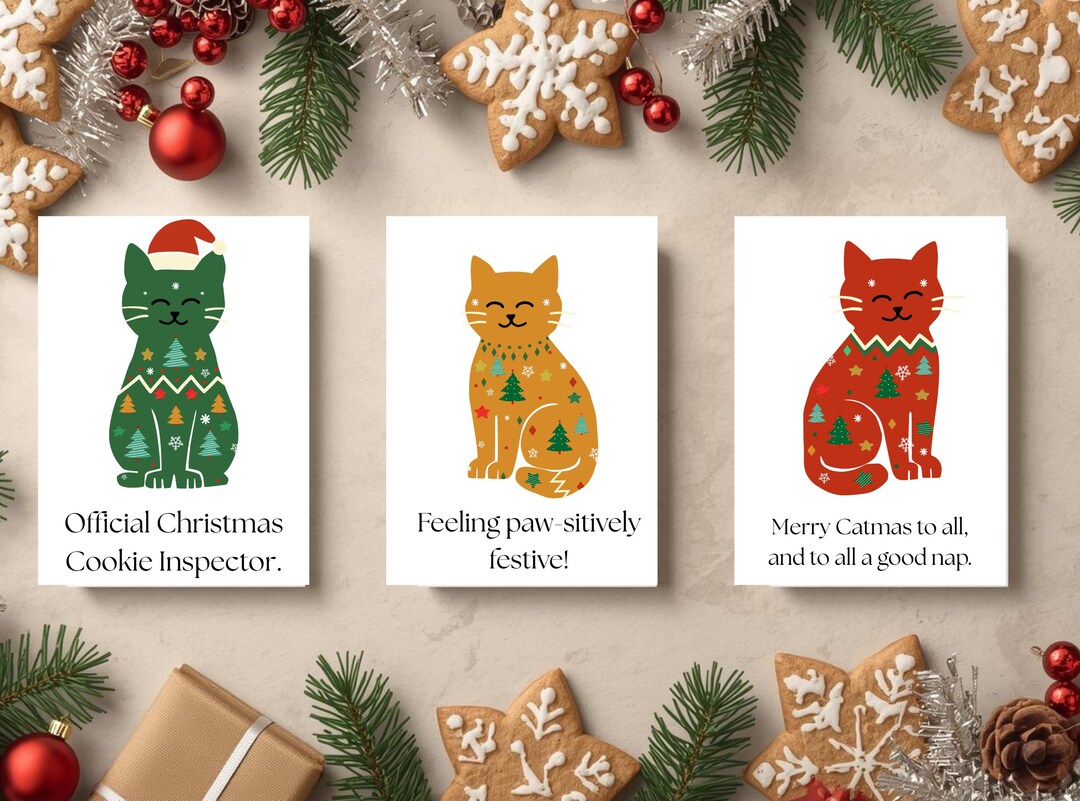 Funny Cat Christmas Cards – Holiday Printable Set (digital Download) - Etsy