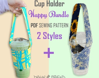 May include: Two styles of cup holders, one with a yellow and blue pattern and the other with a blue and white floral pattern. The text "Cup Holder Happy Bundle PDF Sewing Pattern 2 Styles + Malin and Friend" is on the image.