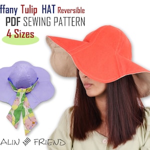 May include: A PDF sewing pattern for a reversible tulip hat in four sizes. The hat is shown in two colors: a light purple with a floral print ribbon and a bright orange with a tan underside.