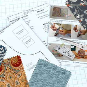 May include: A sewing project setup with instructions, fabric swatches, and tools. The image includes a paper template with a 2x2 inch test square, fabric samples in various patterns, orange scissors, and a measuring tape.