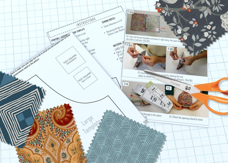 May include: A sewing project setup with instructions, fabric swatches, and tools. The image includes a paper template with a 2x2 inch test square, fabric samples in various patterns, orange scissors, and a measuring tape.