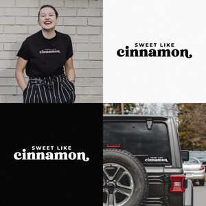 May include: A black t-shirt with the text "SWEET LIKE cinnamon." printed on the front. The t-shirt is being worn by a person standing in front of a brick wall. The text is also printed on a black background and on a black car.