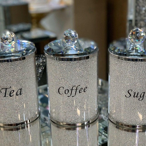 Crushed Diamond Tea Coffee Sugar Canisters Jars Storage White Etsy