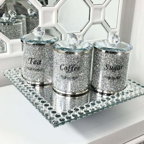 Crushed Diamond Tea Coffee Sugar Canisters Jars Storage White Etsy