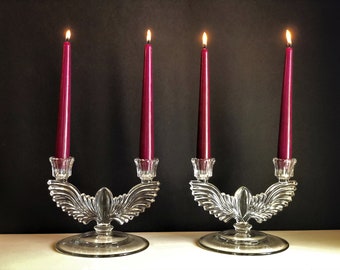 Art Deco Glass Candlestick Holders - Set of 2 - Winged