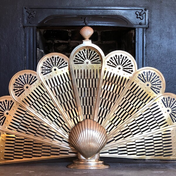 Vintage Hollywood Regency Brass Fireplace Screen – Peacock Shaped with Shell Accents