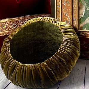 Sun Cushion – Eclectic Round Velvet Pillow, Luxury Handmade Silk Accent Cushion with Down Alternative, Golden Olive & Deep Emerald