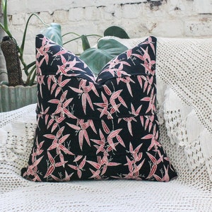 Vintage Pillow, Pink Bamboo leaves on Black Silk, Kimono Fabric, Decorative Pillow Cover, Pillow Cover 20 x 20, Decorative Pillows for Couch image 2