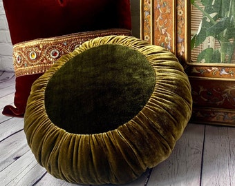 Sun Cushion | Handmade Silk Velvet Pillow - Golden Olive & Deep Emerald