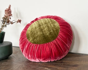 Sun Cushion | Handmade Silk Velvet Accent Pillow - Golden Olive & Raspberry