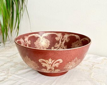 Vintage Chinoiserie Ceramic Bowl | Large Rust Red Decorative Bowl with Gilt Arabesque Detail