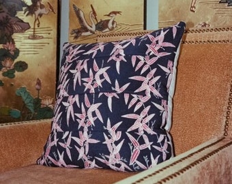 Vintage kussen, roze bamboebladeren op zwarte zijde, kimonostof, decoratieve kussensloop, kussensloop 20 x 20, decoratieve kussens voor bank
