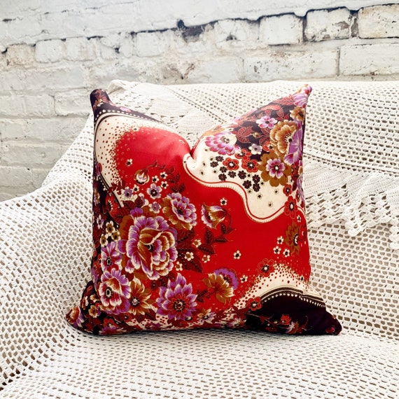Vintage Indian Sari Pillow Brown Red Purple Floral Pillow Etsy