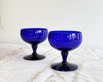 Vintage Cobalt Glass Goblets | Set of 2 Deep Blue Dessert or Wine Glasses