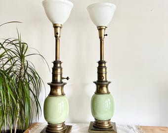 Vintage Stiffel Celadon Lamps | Pair of Brass Green Ostrich Egg Torchiere Table Lamps