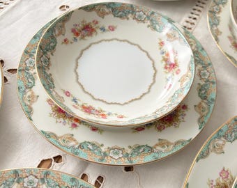 Vintage Floral Dessert Bowls | Aqua Gold Trim Mikasa Windsor Castle China, Shabby Cottage Table