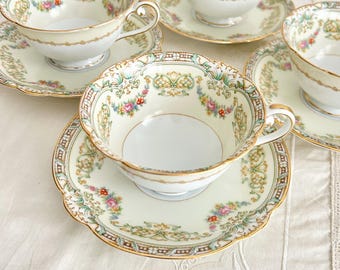 Noritake Sierra Teacup Sets | Vintage Floral Aqua Gold Trim Cream China, Scalloped Edge Cottagecore Dinnerware