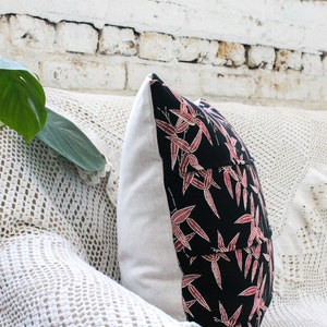 Vintage Pillow, Pink Bamboo leaves on Black Silk, Kimono Fabric, Decorative Pillow Cover, Pillow Cover 20 x 20, Decorative Pillows for Couch image 4