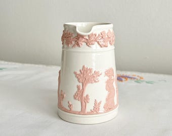 Wedgwood Queen's Ware Small Jug | Vintage Pink on Cream Embossed English Tea Service 4oz Creamer