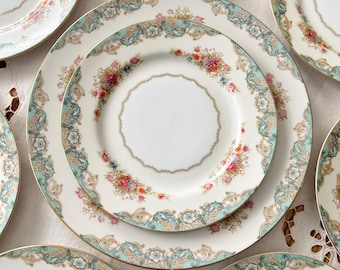 Vintage Dinner Plates | Mikasa Windsor Castle Aqua Floral Vintage Shabby Cottage China, Gold Trim