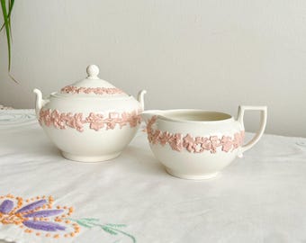 Wedgwood Queensware Creamer + Sugar Set | Vintage Pink on Cream Embossed English Tea Service China