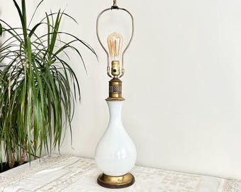 Warren Kessler Table Lamp | Vintage White Opaline Glass and Brass MCM Lighting