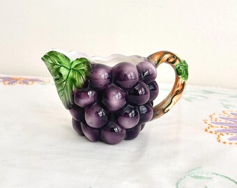 Vintage Grape Creamer | 1960s Purple Ceramic Sculptural Cluster Small Pitcher Dish, Cottage Kitchen