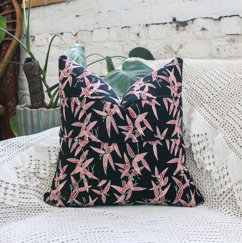 Vintage Pillow, Pink Bamboo leaves on Black Silk, Kimono Fabric, Decorative Pillow Cover, Pillow Cover 20 x 20, Decorative Pillows for Couch image 2