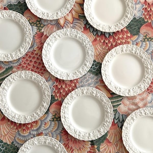 May include: A collection of white ceramic plates with a detailed, raised floral border. The plates are arranged on a colorful floral patterned tablecloth, showcasing a classic and elegant design. The plates are perfect for serving meals.